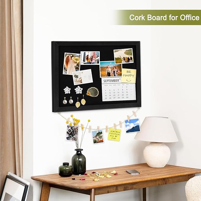 Double-Sided Black Cork Board with Linen, 30" x 20" Hanging Wood Framed Large Bulletin Board, Picture Display Vision Board Kit Corkboards for Wall Room School Office Decor, 20 Pushpins