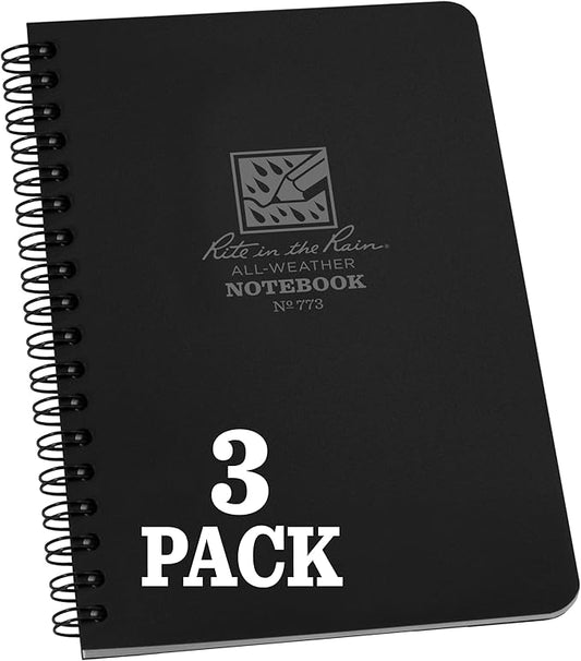 Rite In The Rain Weatherproof Side Spiral Notebook, 4.625" x 7", Black Cover, Universal Pattern, 3 Pack (No. 773L3)