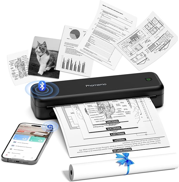 Phomemo M834 Ultra Portable Printer Wireless for Travel, Bluetooth Thermal Printer 8.5" x 11"&A4, Compatible with iOS,Android & PC,Inkless Mobile Printer for Travel,Office,School,Home,Black