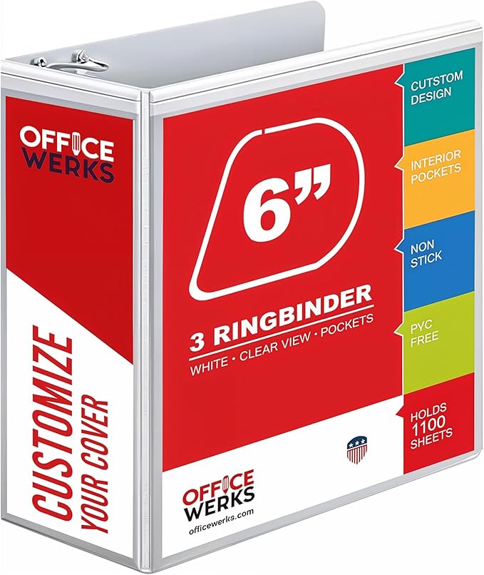 3 Ring Binders, 6 Inch D Ring Heavy Duty Large Binder with Pockets for 8.5" x 11" Sheet Size, Durable Non-Stick Customizable Clear View Cover (White)