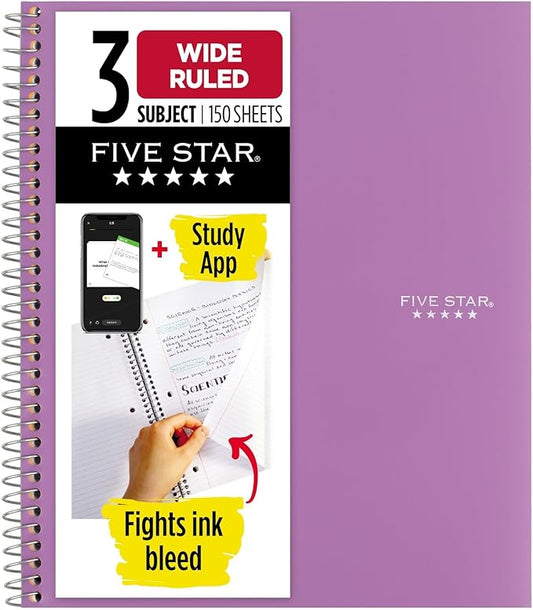 Five Star Spiral Notebook + Study App, 3 Subject, Wide Ruled Paper, Fights Ink Bleed, Water Resistant Cover, 8" x 10-1/2", 150 Sheets, Amethyst Purple (38737)