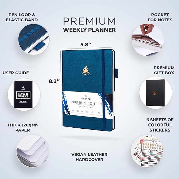 Clever Fox Planner Premium Edition – Undated Luxurious Weekly & Monthly Planner to Increase Productivity and Hit Your Goals – Organizer – Start Anytime, A5, Lasts 1 Year, Mystic Blue (Weekly)