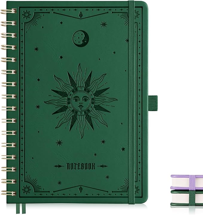EMSHOI A5 Spiral Notebook Lined Journal for Women Men - Thick 100GSM 140 Numbered Pages College Ruled, PU Leather Hardcover Notebook for Work School Journaling Writing Gift, 6"x8" (DarkGreen)