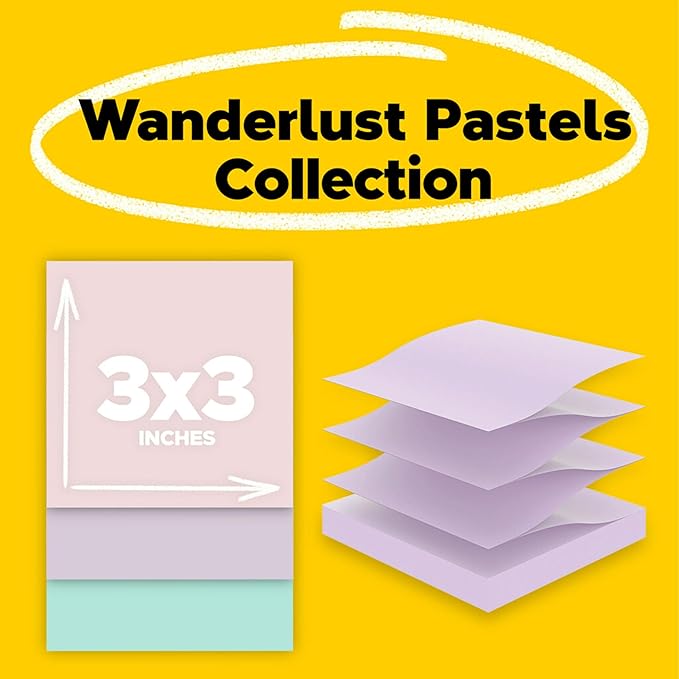 Post-it Super Sticky 100% Recycled Pop-up Notes, 3 in. x 3 in., 70 Sheets, 6 Pads, Wanderlust Collection, School Supplies and Office Products
