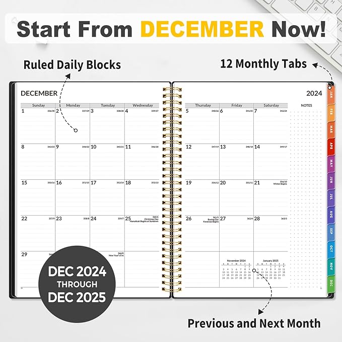 SUNEE 2025 Appointment Book, Quarter-Hourly, Weekly & Monthly - from January 2025 - December 2025, 8.5"x11" Weekly Planner, Flexible Cover, Note Pages, Pockets, Bookmark, Spiral Binding, Black