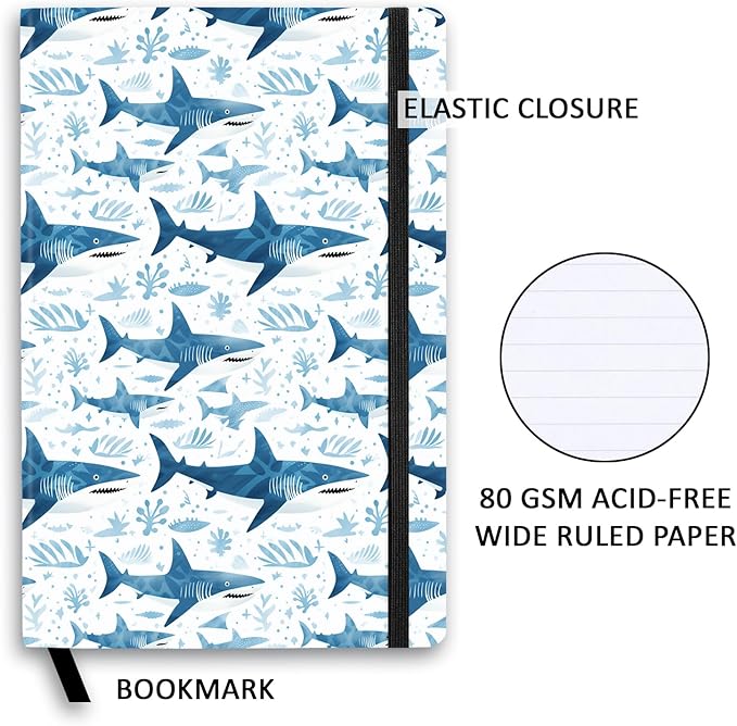 RICCO BELLO Wide Ruled Hardcover Diary Journal School Notebook for Kids, Tweens - Bookmark, Band Closure, Storage Pocket, 5.7 x 8.4 Inches, 192 Pages (Blue Shark)