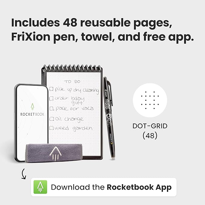 Rocketbook New Mini Reusable Smart Notepad, Pocket Size Notebook 3.5x5.5, Black - Dotted Pages, App-Connected, Erasable, Ideal for On-The-Go List Taking & Quick Notes Anywhere