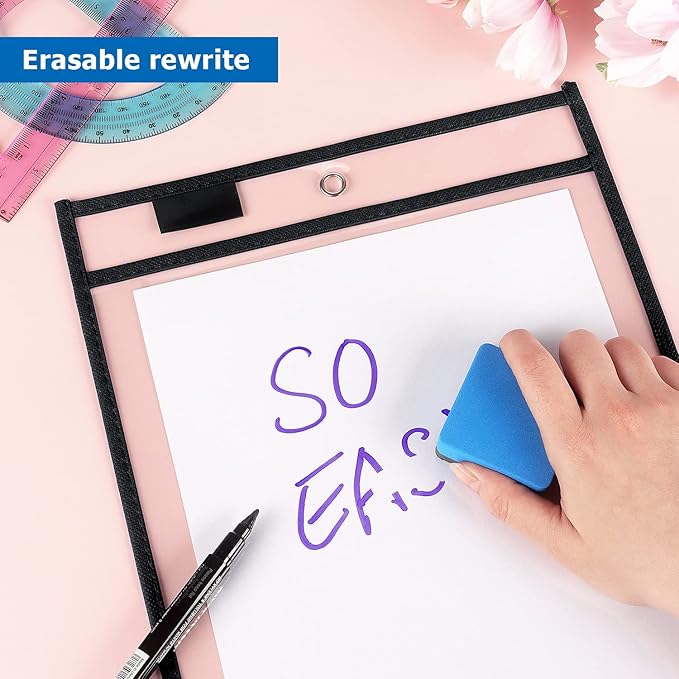 Tamaki 8 Pack Dry Erase Pockets Sleeves with Rings, 10 x 14 Inch Ticket Holders Clear Plastic Sleeves Sheet Protectors for Teacher Classroom Sleeves, Black