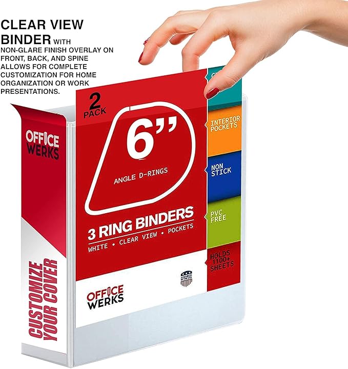 3 Ring Binders, 6 Inch D Ring Heavy Duty Large Binder with Pockets for 8.5" x 11" Sheet Size, Durable Non-Stick Customizable Clear View Cover (White)