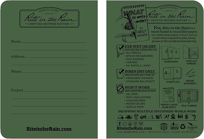 Rite in the Rain Weatherproof Mini-Stapled Notebook, 3 1/4" x 4 5/8", Green Cover, Universal Pattern, 3 Pack (No. 971FX-M), 4.625 x 3.5 x 0.125