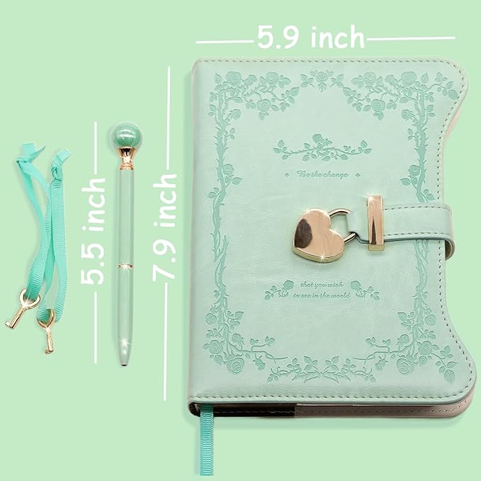 Diary with Lock and Keys for Girls Gift Ideas, 360 Gold Edged Pages Journal for Women, B6 Refillable Notebook for Writing with Pen and Bookmark (Garden Aqua)