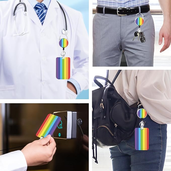 Rainbow Vertical Stripes Badge Holder with Retractable Reel and Breakaway Lanyard，Badge Clips Retractable Heavy Duty Badge Reel，Keychain，ID Holder with Breakaway Lanyard for School Nurse Office