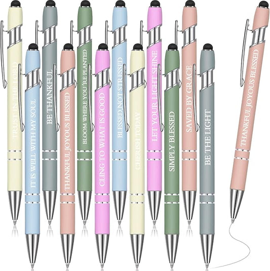 Zonon 12 Pieces Inspirational Pens Bulk Easter Basket Stuffers Motivational Quotes Ballpoint Pens with Stylus Tip Inspirational Gifts for School Office Teachers(Morandi,Bible Style)