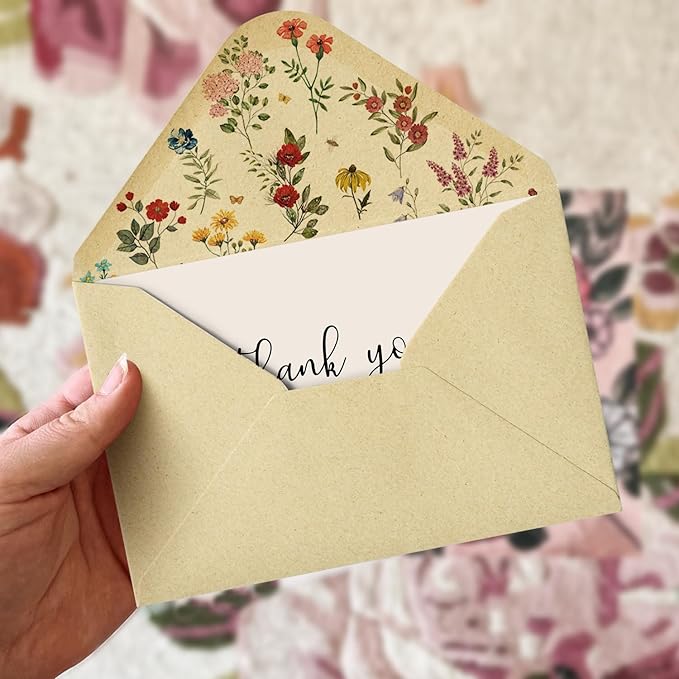Artoid Mode 36 Pack Wildflower Thank You Cards Vintage Flower Greeting Cards Gift With Envelope Sticker Blank Note Cards for Birthday Wedding Baby Shower Bridal Shower, 4 x 6 Inch