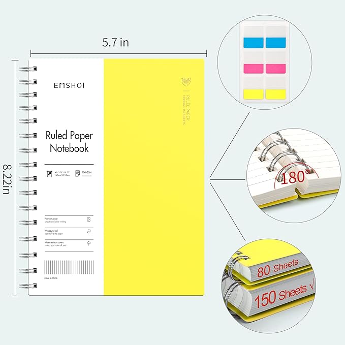 EMSHOI A5 Spiral Notebook College Ruled Lined Journal, Small 5.7" X 8.22", 300 Pages/150 Sheets, 100gsm Thick Paper, Waterproof Hardcover, for Office School Women Men Work Writing Notes-Yellow