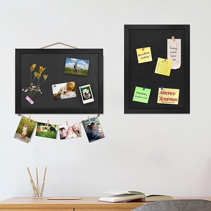 Grey Bulletin Boards Cork Board with Felt, 15"x11" Small Display Pin Board Vision Board for Walls, Jewelry, Notes, Collection, Photos, Office, Wood Framed(Black) & Felt(Gray), 1pc
