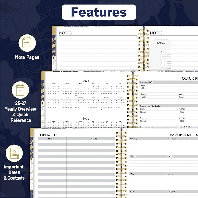 SUNEE 2025 Appointment Book, Quarter-Hourly, Weekly & Monthly - from January 2025 - December 2025, 6.4"x8.3" Flexible Cover, Notes, Pockets, Bookmark, Spiral Binding, Vintage Floral