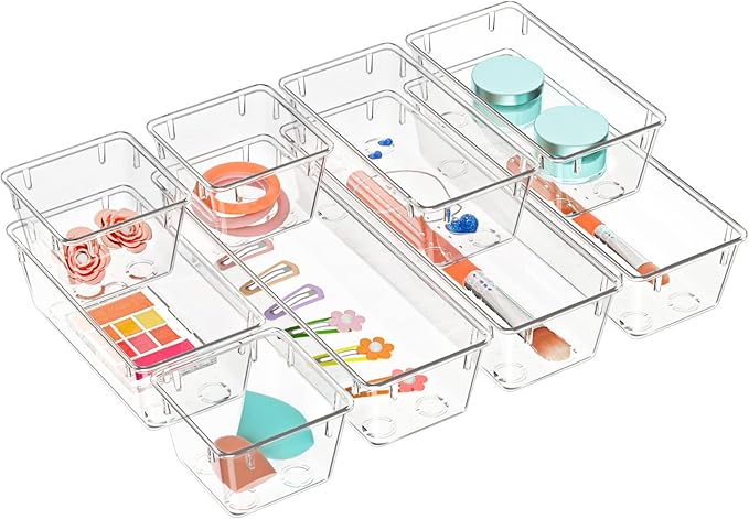 WOWBOX 9 Pack Clear Drawer Organizer Set, Acrylic Drawer Storage Trays, Storage Bins for Makeup, Cosmetics, Jewelries, Utensils, Gadgets, Office