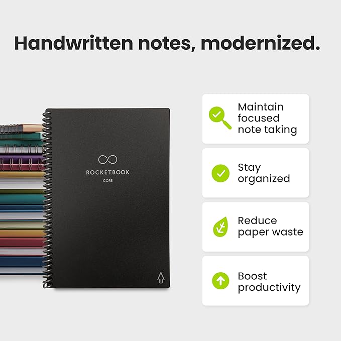 Rocketbook New Core Reusable Spiral Notebook, Executive Size 6x8.8, Black - Lined Pages, App-Connected, Erasable, Durable Cover, Ideal for School, Work, and Creative Projects (Pack of 1)