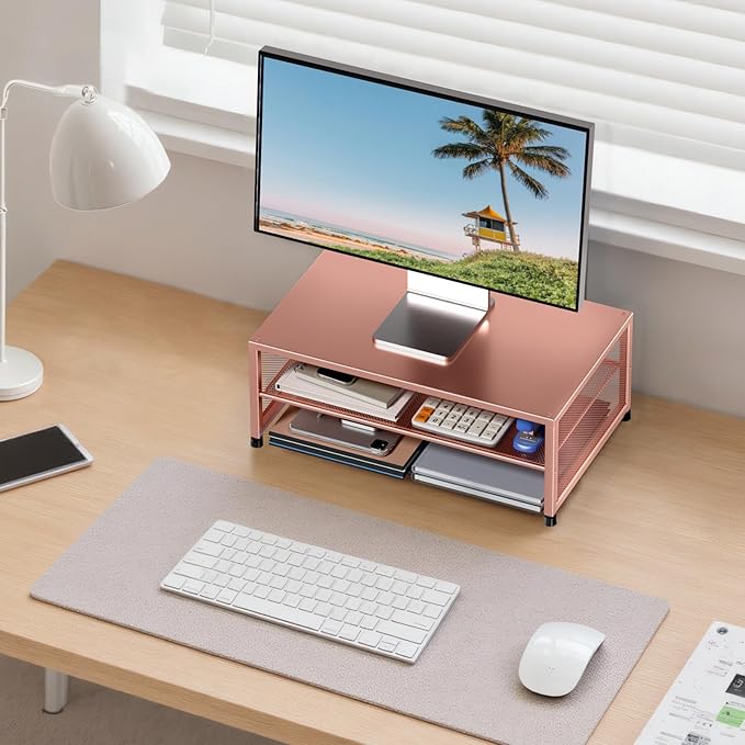 2-Tier Computer Monitor Stand Riser, Desk Organizer for Monitor, Printer & Laptop Stand, Desktop Workspace Organizers for Office Supplies(Rose Gold)