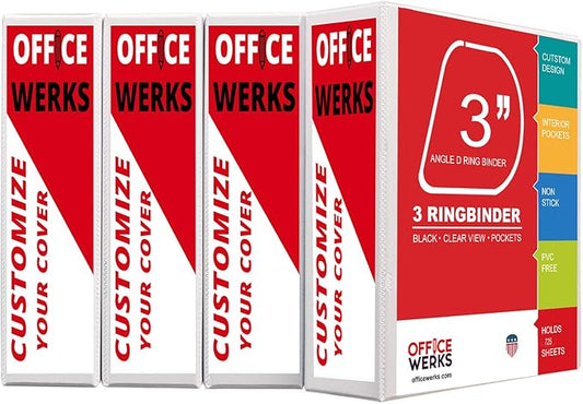 3 Ring Binders, 3 Inch Angle D-Rings, White, 4 Pack, Clear View, Pockets