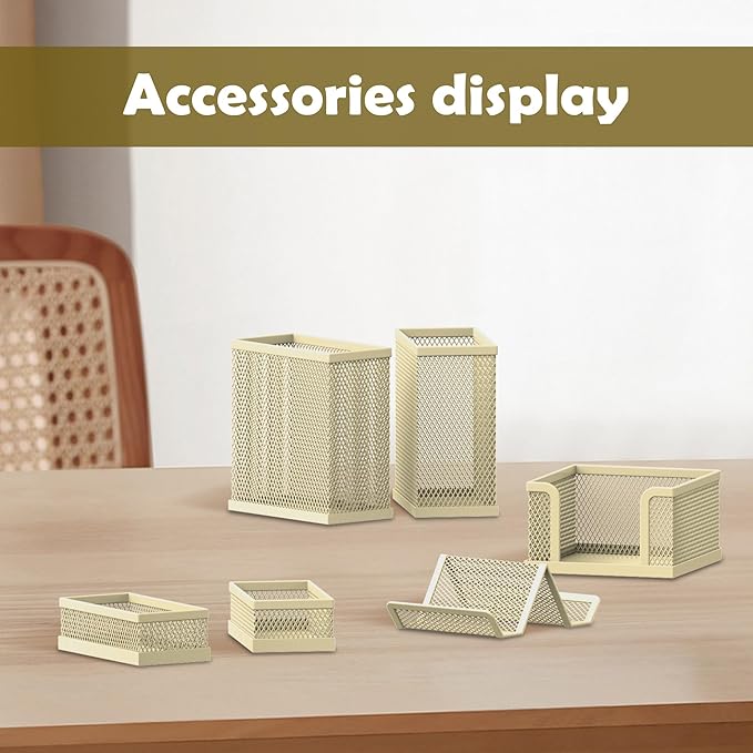 SUPEASY Pen Holder for Desk, 6 Piece Mesh Desk Organizer set, Desk Accessories for Office Organization with Mail Organizer, Letter Phone Holder, Sticky Notes Caddy Storage, Golden Yellow