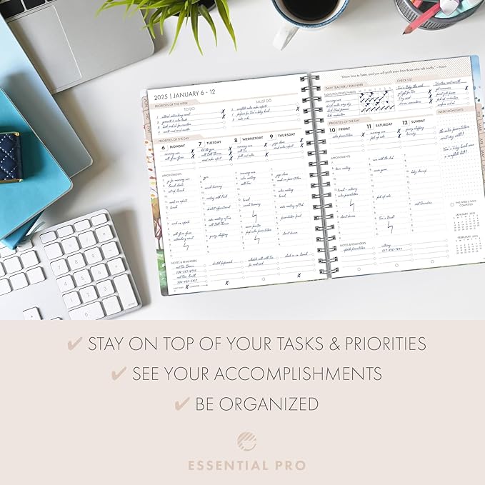 Essential PRO 2025 Daily, Weekly & Monthly Planner, 7"x9": 14 Months (Nov 2024 - Dec 2025) Monthly Tabs,Daily Tracking,Notes Pages,Storage Pocket,Bookmark w Sticky Notes (Tree Seasons)
