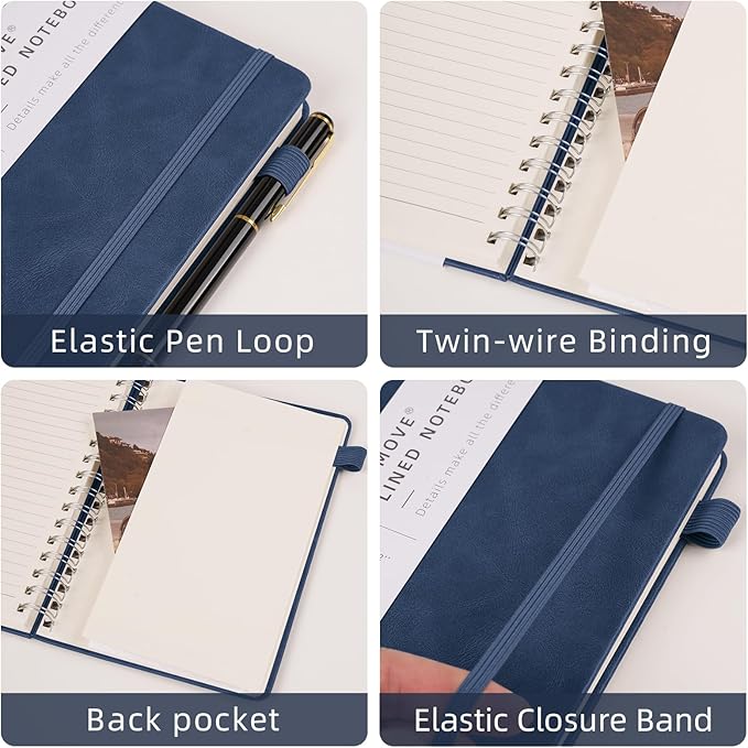 Lined Spiral Notebook Journal for Women Men 160 Pages A5 College Ruled Hardcover Leather with Pen Holder Notebook Journals for Note Taking Work Navy Blue