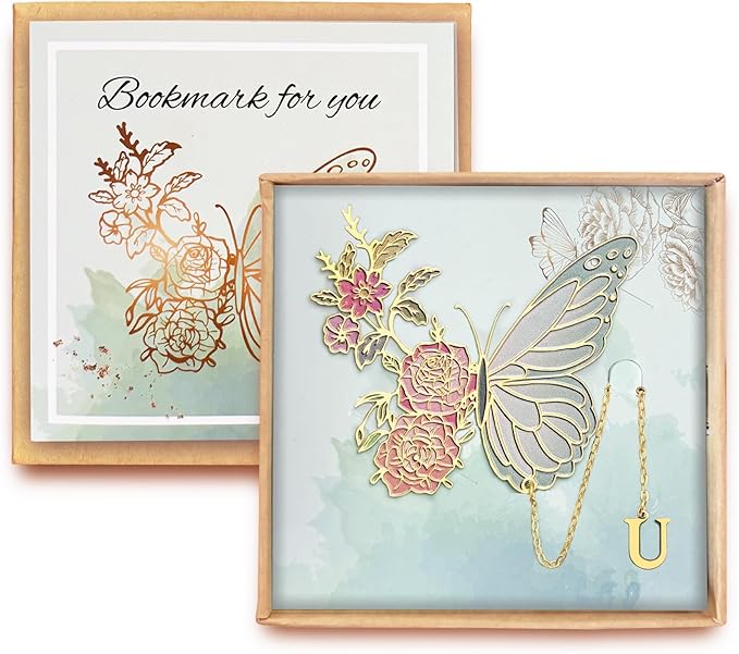 Metal Butterfly Bookmark for Women Cute Book Lovers Gift Butterfly Bookmarks Inital Book Mark Gifts for Reading Women Friend Teacher Appreciation Gifts Mom Birthday Valentines Day Christmas Gift, U