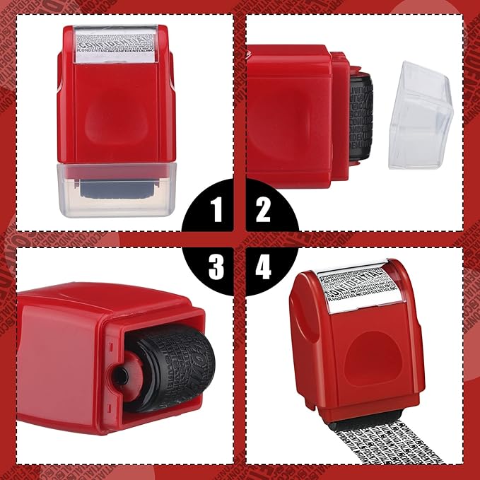 Nezyo 2 Pack Identity Protection Roller Stamp Identity Theft Stamp Confidential Roller Stamp Privacy Stamp Information Blocker Stamp and 4 Pack Refill Ink for ID Account Data Address Security(Red)