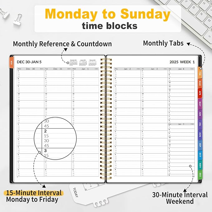 SUNEE 2025 Appointment Book, Quarter-Hourly, Weekly & Monthly - from January 2025 - December 2025, 8.5"x11" Weekly Planner, Flexible Cover, Note Pages, Pockets, Bookmark, Spiral Binding, Black