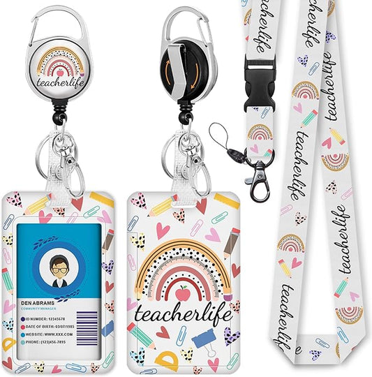 Giancomics Teacher Lanyards for Id Badges, ID Badge Holder with Lanyard Badge Reel Retractable, Rainbow Cute Lanyard with ID Holder Keychain Clip Name Tag ID Card Holder for Women Men Work Office