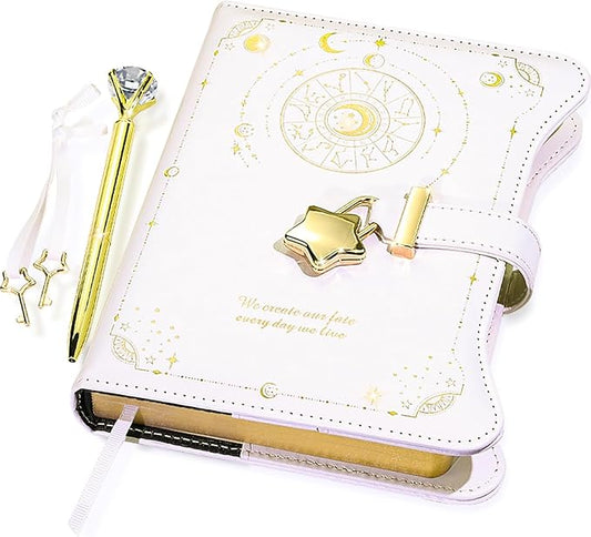 Diary with Lock and Keys for Girls Gift Ideas, 360 Gold Edged Pages Journal for Women, B6 Refillable Notebook for Writing with Pen and Bookmark (Astro White)