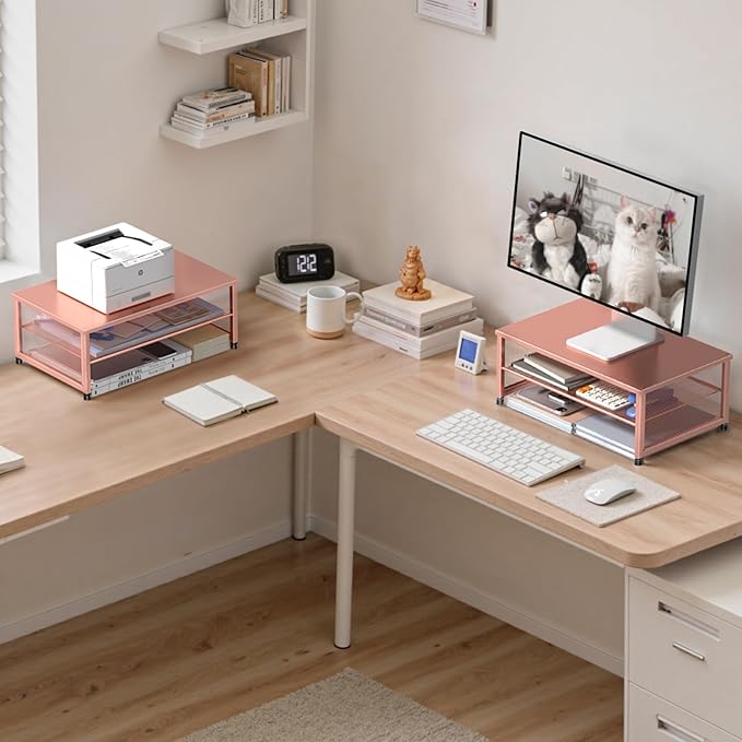 2-Tier Computer Monitor Stand Riser, Desk Organizer for Monitor, Printer & Laptop Stand, Desktop Workspace Organizers for Office Supplies(Rose Gold)