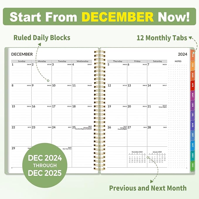 SUNEE 2025 Appointment Book, Quarter-Hourly, Weekly & Monthly - from January 2025 - December 2025, 8.5"x11" Weekly Planner, Flexible Cover, Note Pages, Pockets, Bookmark, Spiral Binding, Green
