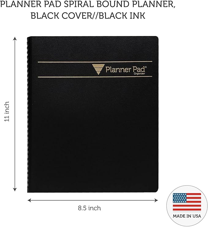Planner Pad Spiral Bound 3-Tier Funnel Down 12 Month Organizer, Calendar Year (January-December 2024), Black Cover/Black Ink, 8 1/2" x 11"
