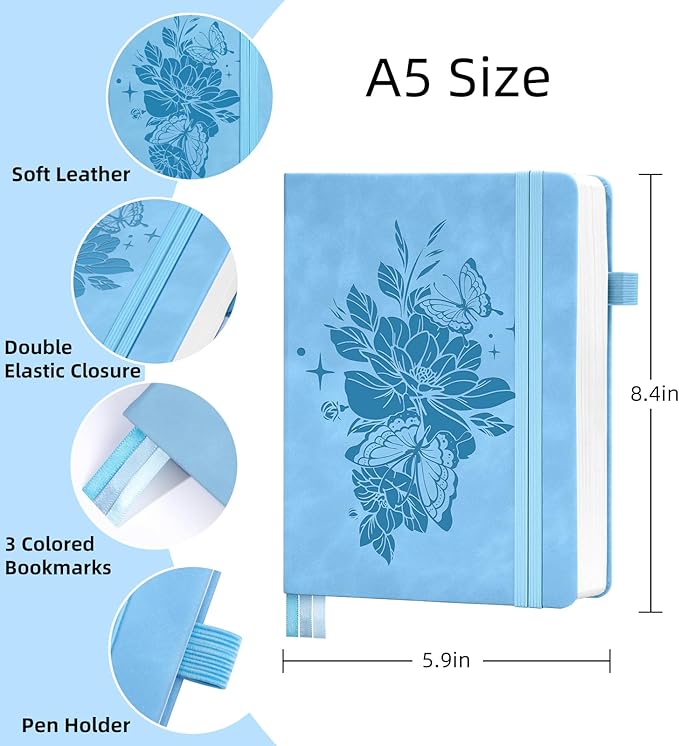 Lined Journal Notebook 365 Pages, A5 Leather Journals for Writing Women & Men, Hardcover Notebook with 100GSM Thick Paper, Daily Journal Notebook for Travel, Work, School, Note Taking, College Ruled