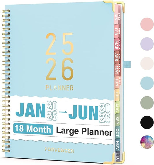 Forvencer Daily Planner 2025-2026, 18 Month Academic Planner, 8.5" x 11", Weekly and Monthly Planner, Jan 2025 - Jun 2026, Hardcover Day Planner, Spiral Agenda Book with Colorful Tabs, Office Home School Supplies, A4, Sky Blue
