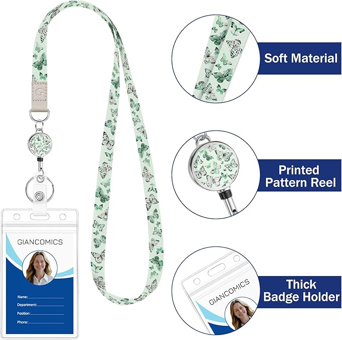 Giancomics Butterfly Lanyards for Id Badges, Cute Lanyards with Retractable Reel, Waterproof ID Badge Holder for Cruise Ships Cards Key, Work Name Tag Card Protector for Women 2 Pack