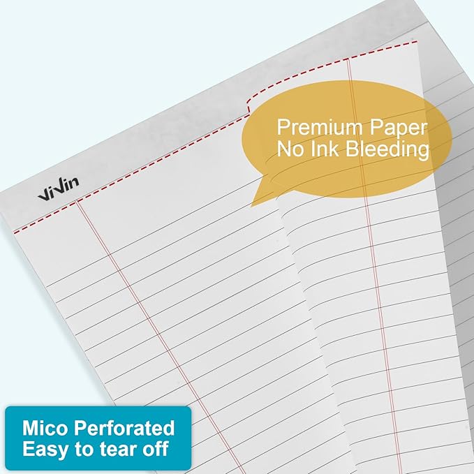 ViVin Legal Pads 8.5 x 11 Inch, Wide Ruled Note Pads, 6 Pack, 50 Sheet/Pad, Perforated Writing Pads, Notepads for Office Home School, 300 Sheets (6 Pack of 50), White Paper