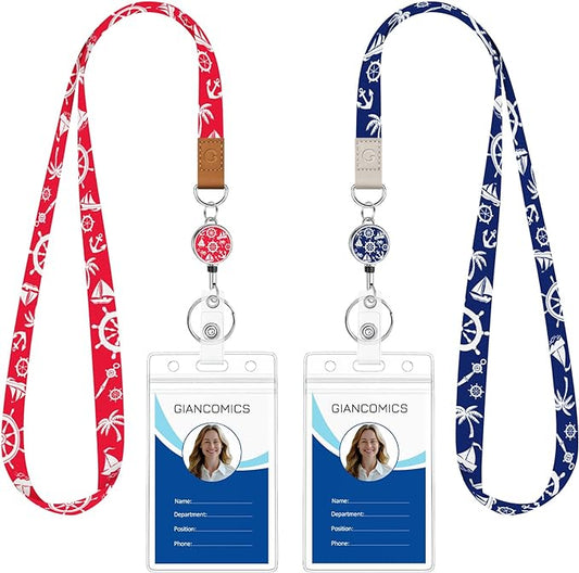 Giancomics Lanyards for Cruise Ships Cards Key, Lanyards with Retractable Badge Reel, Cute Waterproof ID Badge Holder Cruise Essentials Must Haves Zip Card Protector Red Blue 2 Pack