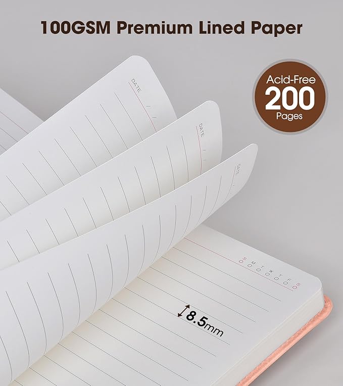 Pink A5 Lined Leather Journal Notebook for Men Women,5.9" X 8.4" Personalized Hardcover Journal with Pen,200 Pages 100 Gsm Thick Ruled Paper Daily Diary for Travel,Business,Work,Writing