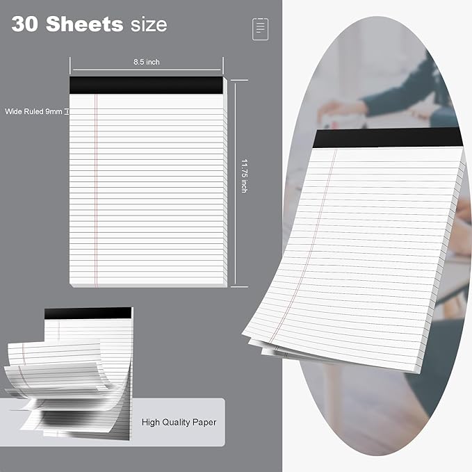Legal Pads 8.5 x 11 Note Pads 8.5 x 11 Wide Ruled Notepad Lined Paper Writing Pads for Home, School, Office Use, 80gsm Perforated Legal Pad - Sturdy Cardboard Backing Support, 5 Pack (30 Sheets/Pad)