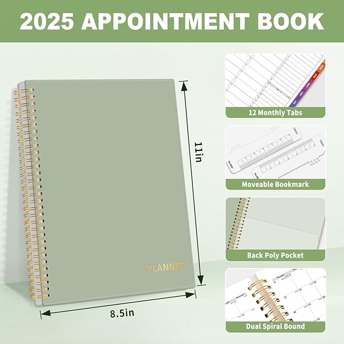 SUNEE 2025 Appointment Book, Quarter-Hourly, Weekly & Monthly - from January 2025 - December 2025, 8.5"x11" Weekly Planner, Flexible Cover, Note Pages, Pockets, Bookmark, Spiral Binding, Green