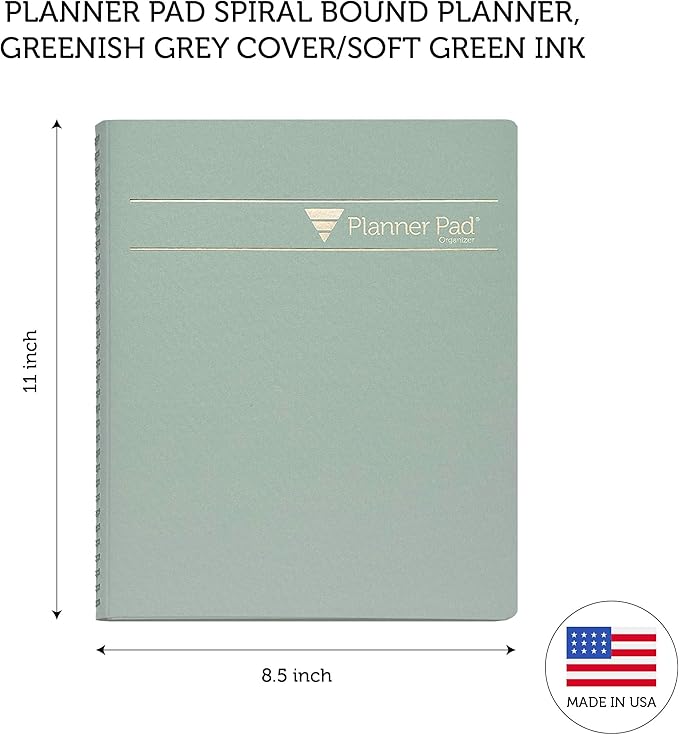 Planner Pad Spiral Bound July 2024 – June 2025 / Academic Year, 8 1/2" x 11" Large, 3-Tier Funnel Down 12 Month Organizer, Greenish Grey Cover/Soft Green Ink