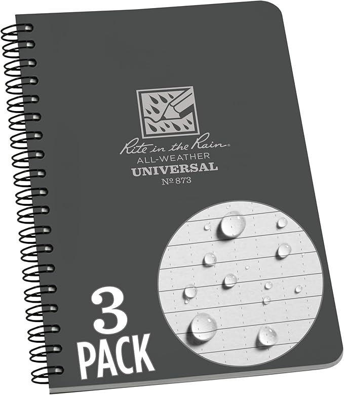 Rite in the Rain Weatherproof Side Spiral Notebook, 4.625" x 7", Gray Cover, Universal Pattern, 3 Pack (No. 873L3)