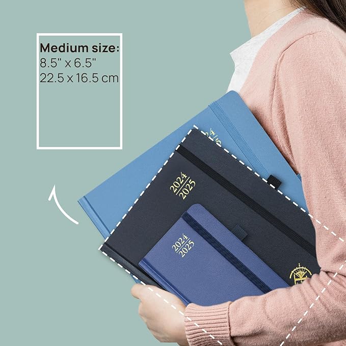 POPRUN Planner 2024-2025, [Medium 6.5'' x 8.5'' Hard Cover] Academic Calendar (July 24-June 25) Daily Weekly and Monthly Appointment Book with Hourly Time Slots, Monthly Tabs, 100 GSM - Pacific Green