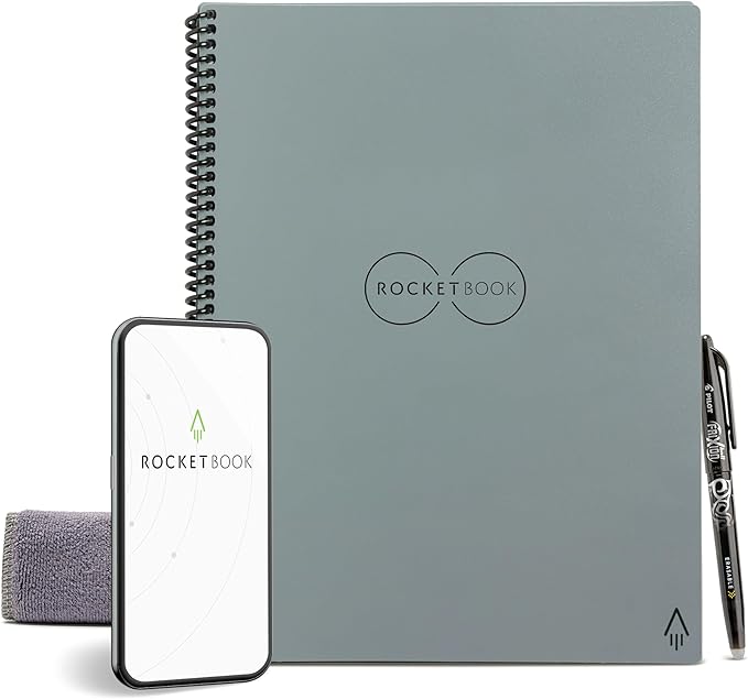 Rocketbook Core Reusable Spiral Notebook, Letter Size 8.5x11, Gray - Lined Pages, App-Connected, Erasable, Durable Cover, Ideal for School, Work, and Creative Projects