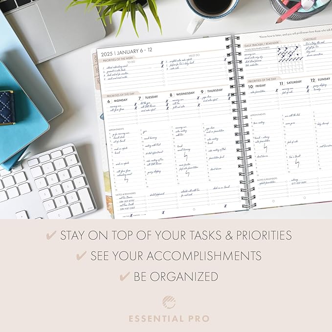 Essential PRO 2025 Daily, Weekly & Monthly Planner, 8.5"x11": 14 Months (Nov 2024 - Dec 2025) Monthly Tabs,Daily Tracking,Notes Pages,Storage Pocket,Bookmark w Sticky Notes (Watercolor Butterflies)