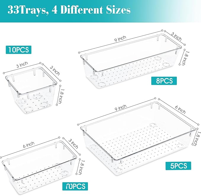 33 PCS Clear Plastic Drawer Organizers Set, 4 Size Desk Drawer Organizer Trays for Makeup, Jewelry, Kitchen Utensils, Gadgets and Office Accessories